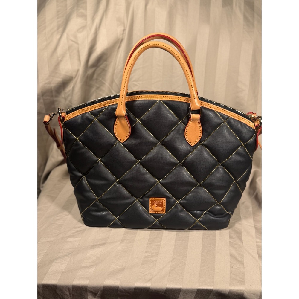 Dooney & Bourke Black Quilted Satchel Handbag FQ668 BL Tan Leather Trim